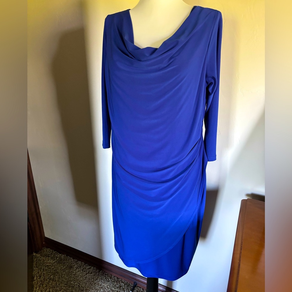 Clara Sun Woo Elegant Blue 3/4 Sleeve Cowl Neck Ruched Middle Women's Dress Sz M